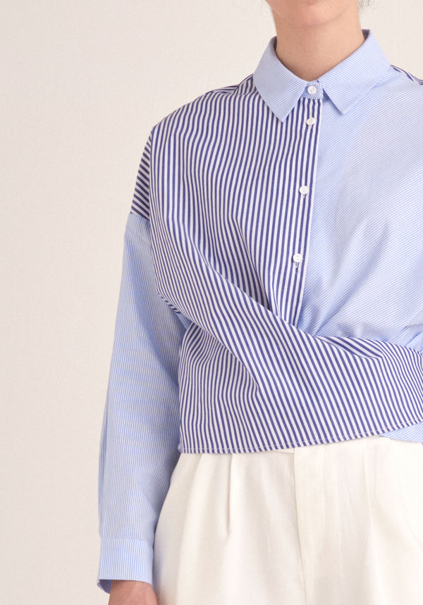 Paisie Contrast Stripe Wrap Shirt in Blue and White Close Up